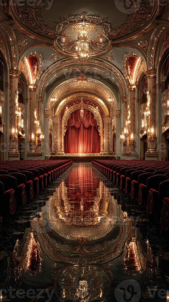 Glamorous theater interior showcases an elegant stage and exquisite chandeliers in an opulent setting photo