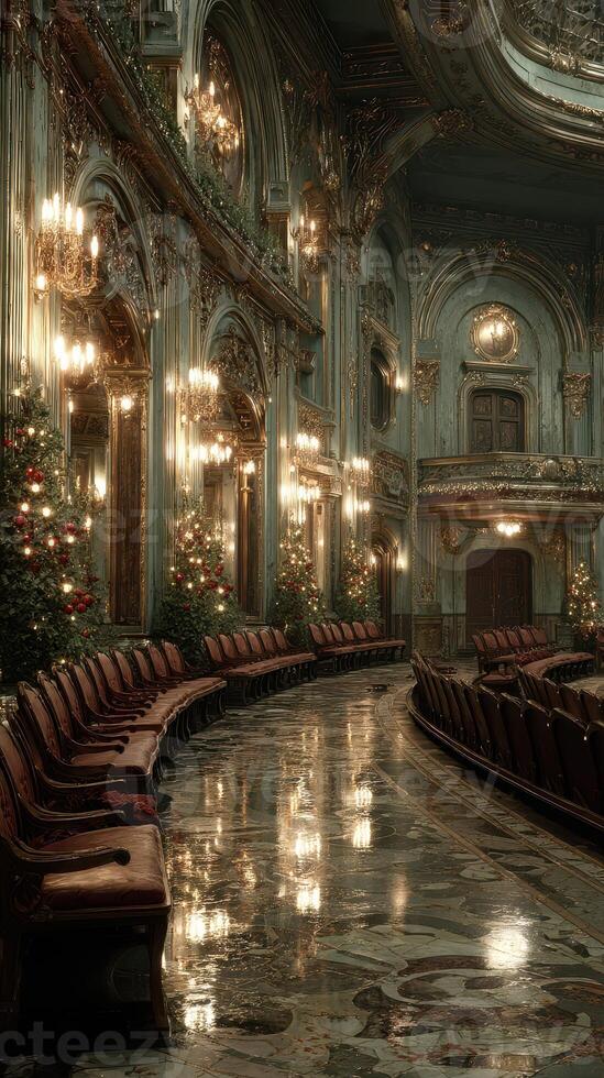 Elegant theater hall adorned with Christmas trees and glowing chandeliers during the festive season photo