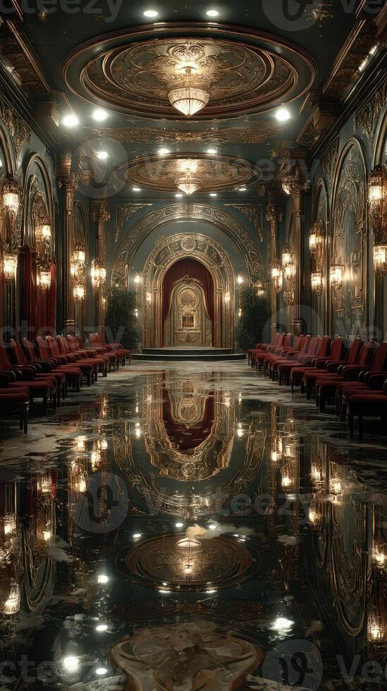 Elegant interior of a grand hall with intricate designs and reflective flooring in a luxurious setting photo
