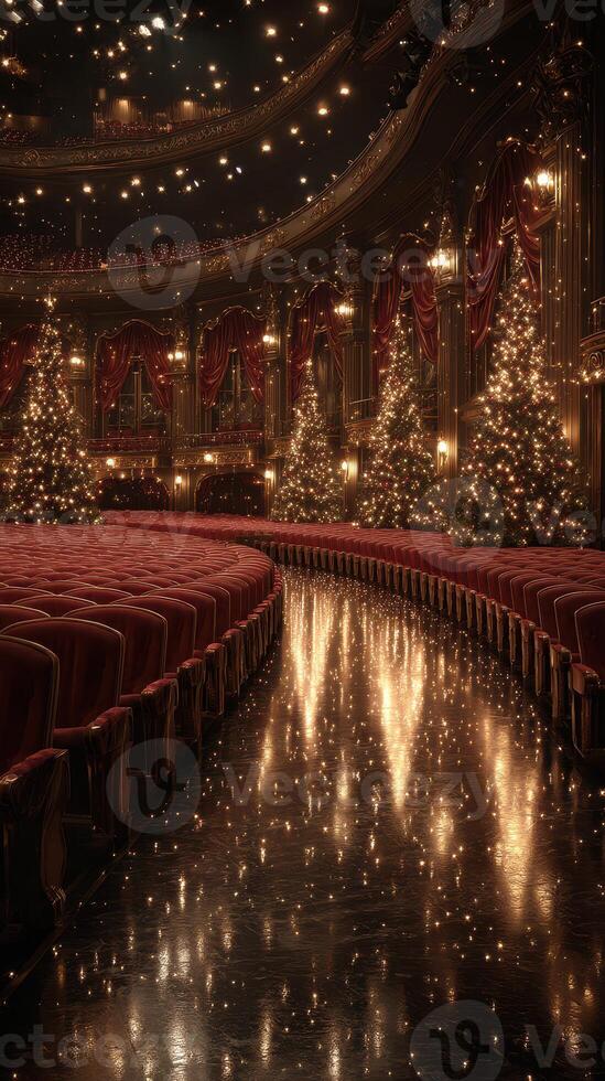 Stunning theater decorated for Christmas with elegant trees and holiday lights in a grand setting photo