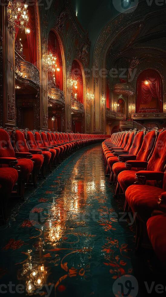 Elegant red velvet chairs line the ornate hallway of a historic theater, showcasing a lavish design and soft lighting photo