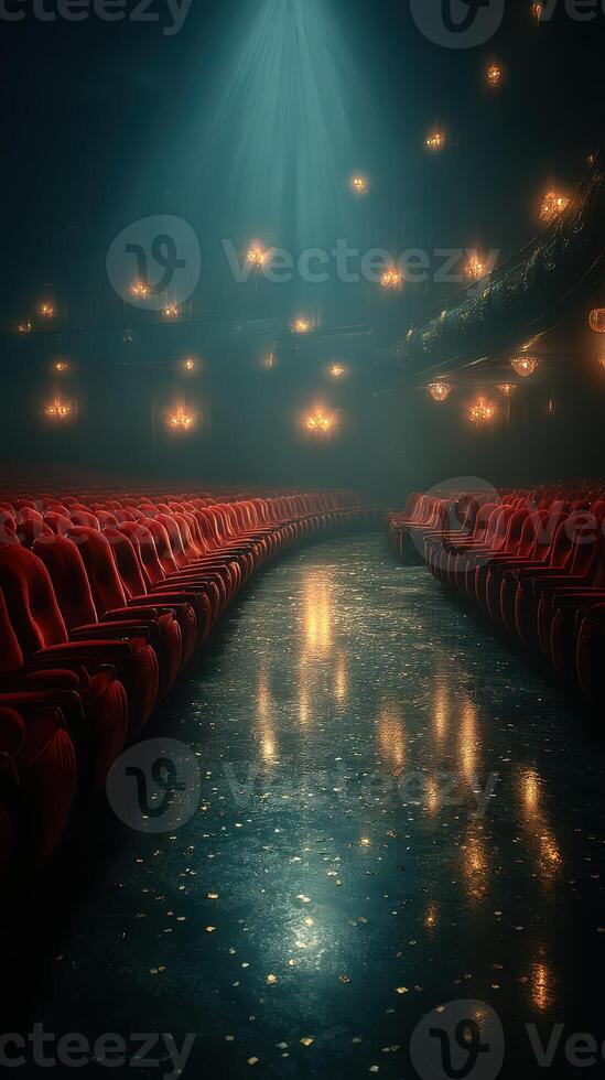 Elegant theater interior with red seats and soft lighting creating a dramatic ambiance during a performance photo