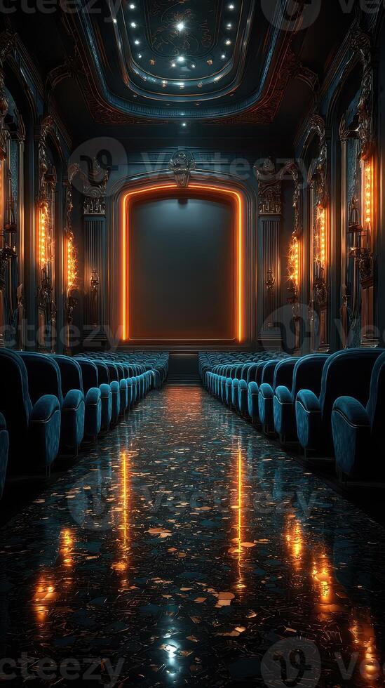 Dimly lit theater interior with elegant blue seating and glowing wall sconces at night photo