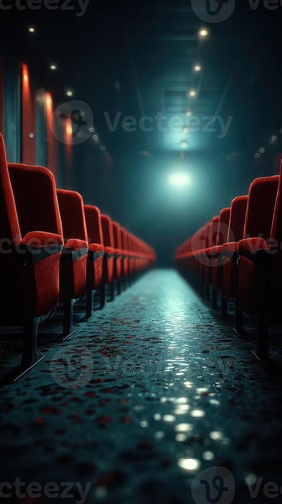 Rows of empty red theater seats leading towards a bright spotlight in a large hall during a performance event photo