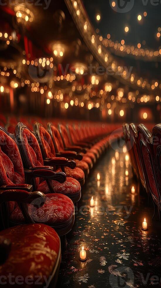 Elegant theater interior with rows of plush red seats and warm ambient lighting creating a cozy atmosphere photo