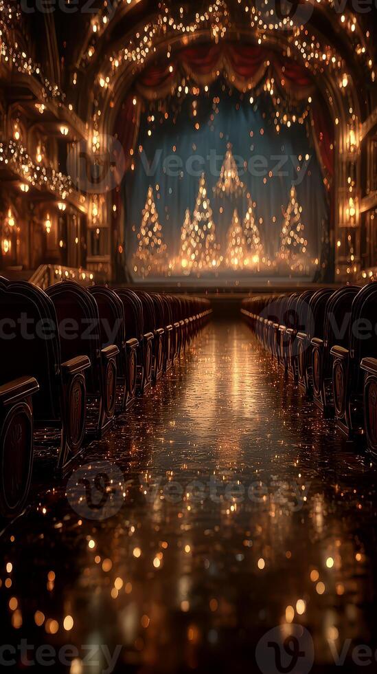 Elegant theater decorated with holiday lights and festive trees during winter evening performance photo
