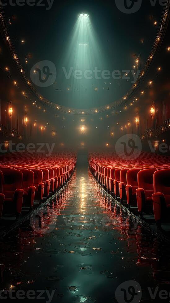 Empty theater with red velvet seats illuminated by a single spotlight in a dark setting photo