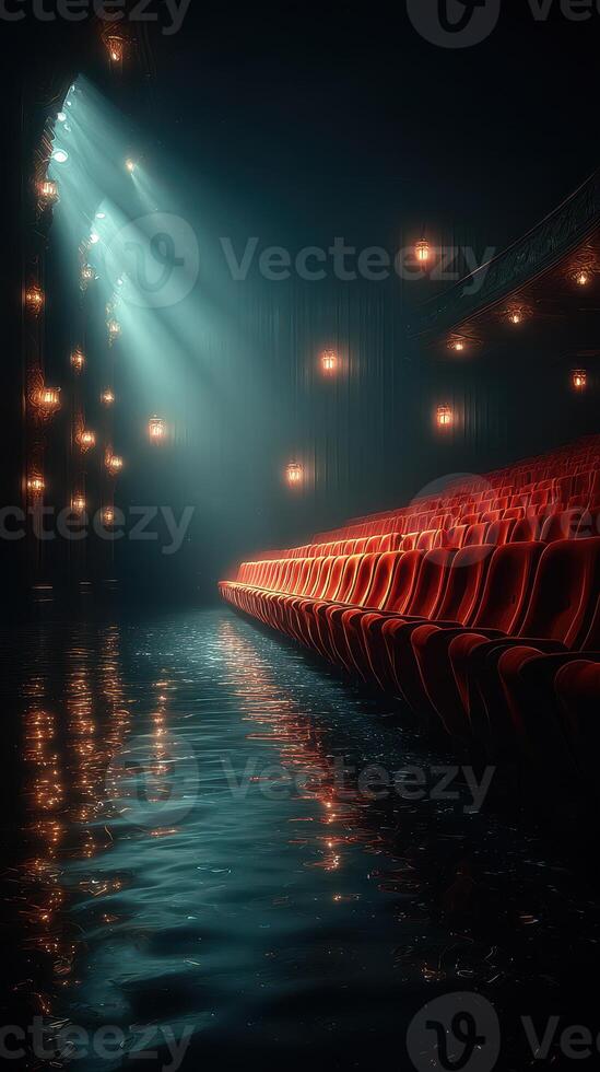 Empty theater filled with water and illuminated by dramatic light beams during a surreal performance setting photo