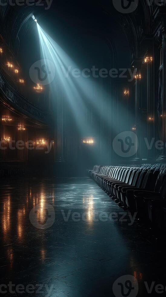 Mysterious theater interior featuring empty rows of seats and dramatic lighting effects during the evening photo