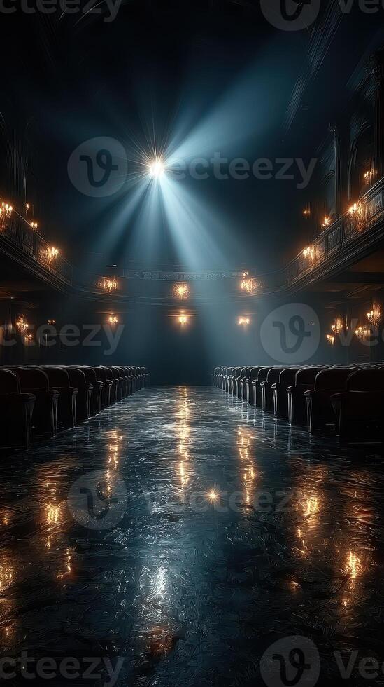 Elegant theater illuminated by spotlight at night, showcasing rows of empty seats and a reflective floor photo