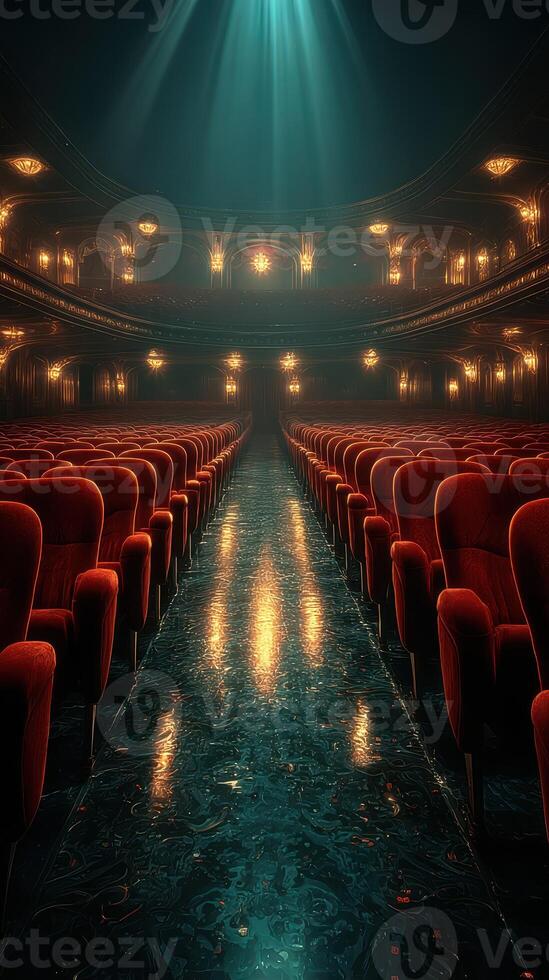 Elegant theater interior with red velvet seats and warm lighting creating an inviting atmosphere for performances photo