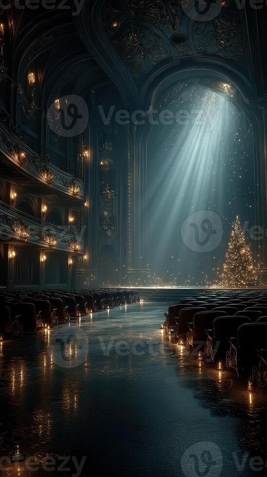 Elegant theater interior with candlelight and Christmas tree during a quiet evening in winter photo