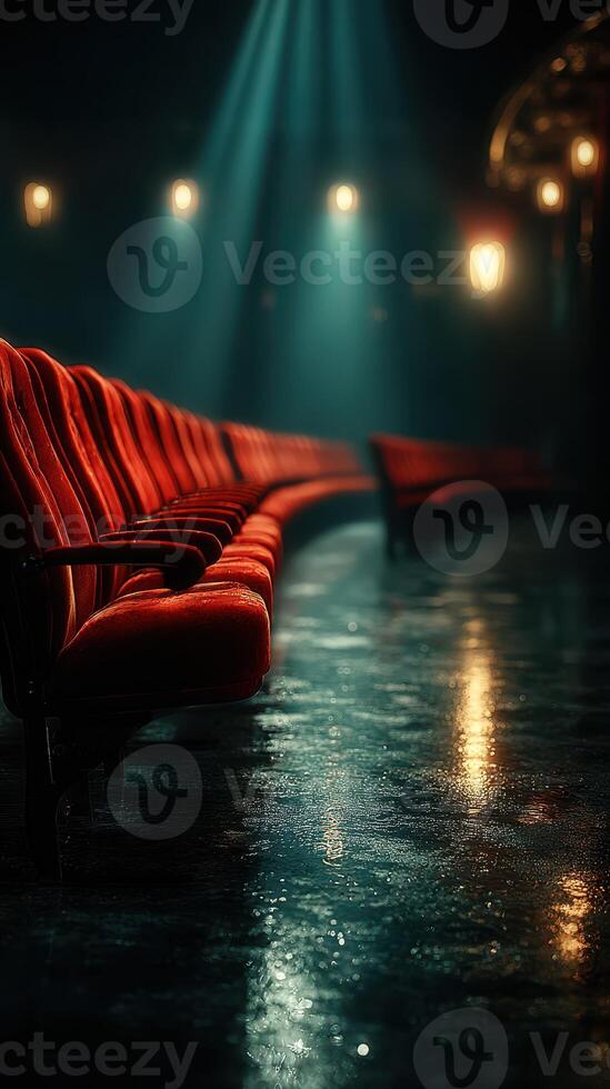 Elegant red theater seats illuminated by soft beams of light in a vintage performance space during the evening hours photo