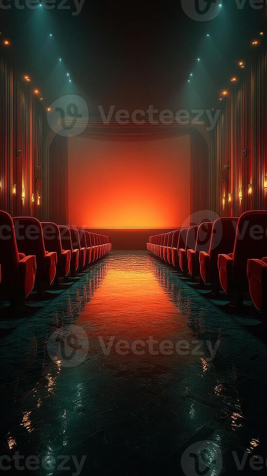 Elegant theater interior with vibrant lighting and empty rows of red seats creating an inviting atmosphere for a performance photo