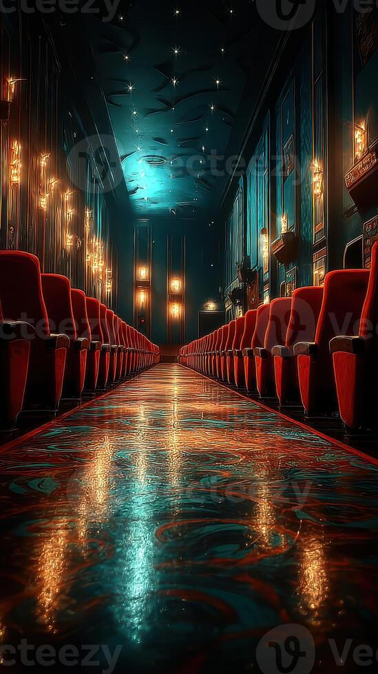Elegant theater interior with red velvet seats illuminated by soft golden lights during a quiet evening photo