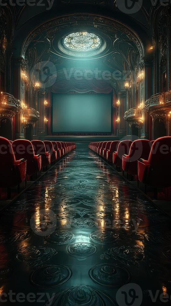 Elegant interior of an old theater with plush red seats and a grand stage lit by soft lighting photo