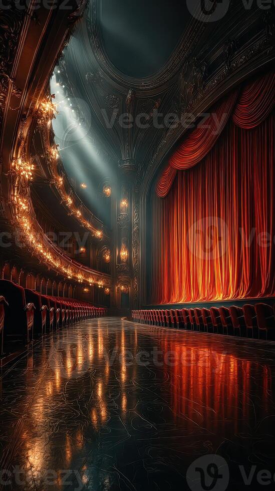 Elegant theater interior with dramatic lighting highlighting crimson curtains and ornate architecture during a quiet moment before a performance photo