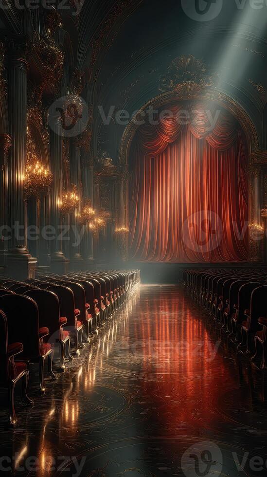 Elegant theater interior with a grand red curtain illuminated by soft lighting in the evening photo