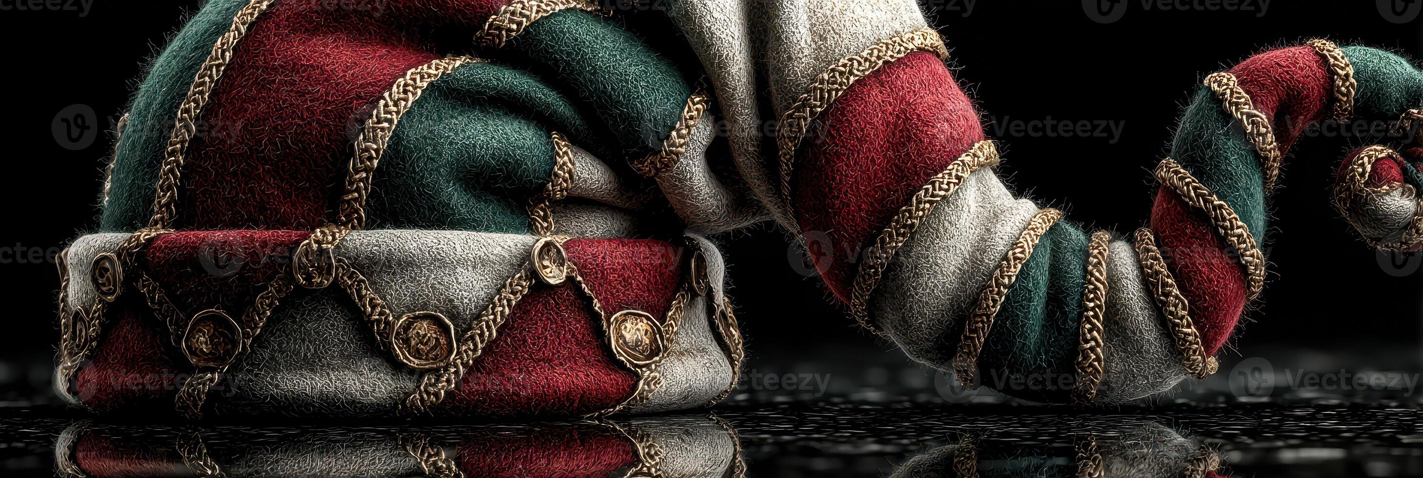 Colorful winter hat with intricate details resting on a reflective surface during the holiday season photo