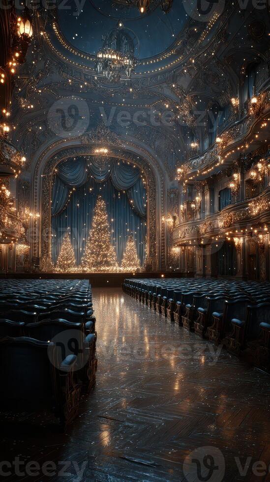 Elegant theater adorned for a festive celebration with illuminated Christmas trees in a stunning historical venue photo