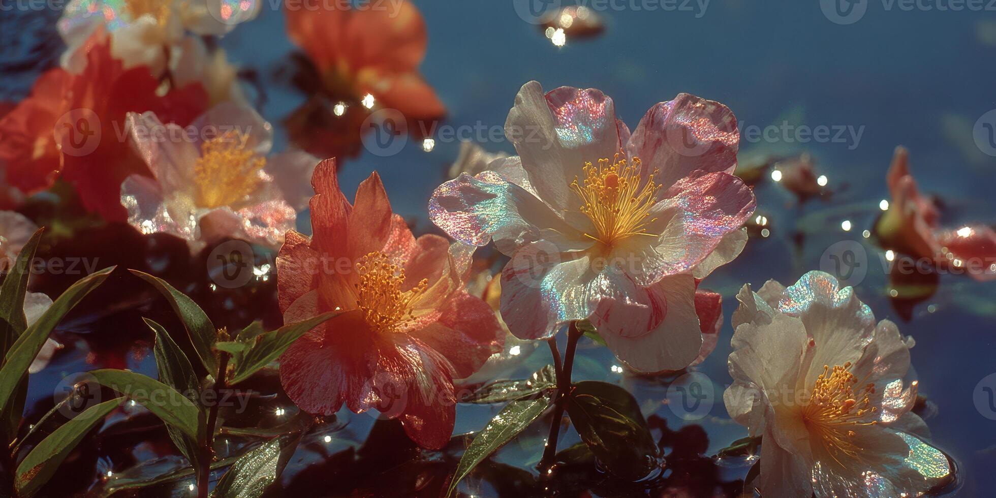 Blooming flowers reflect on water surface in serene natural setting during daytime in a peaceful garden photo