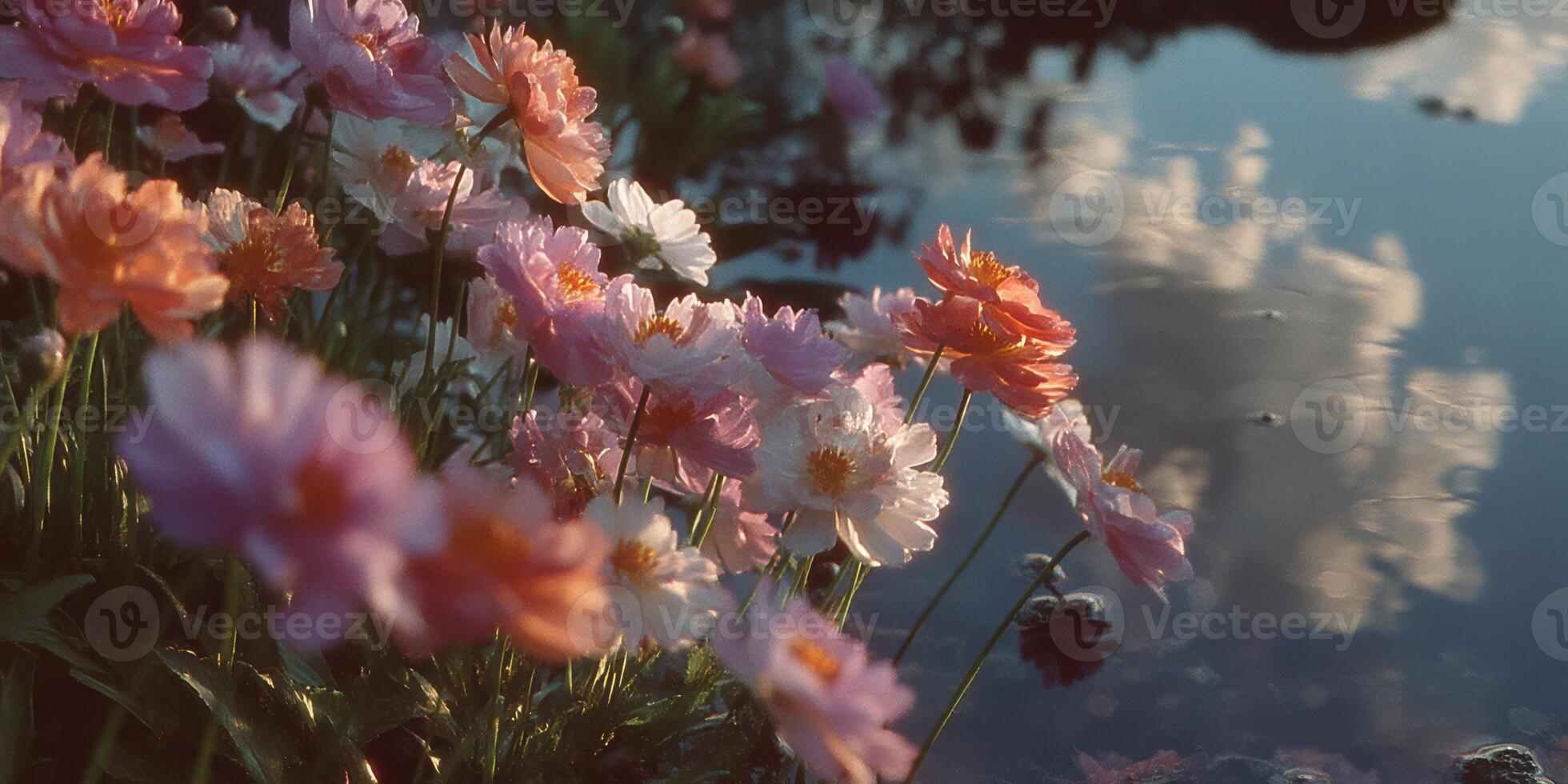 Colorful flowers bloom by a serene pond reflecting clouds in a tranquil garden during the afternoon photo