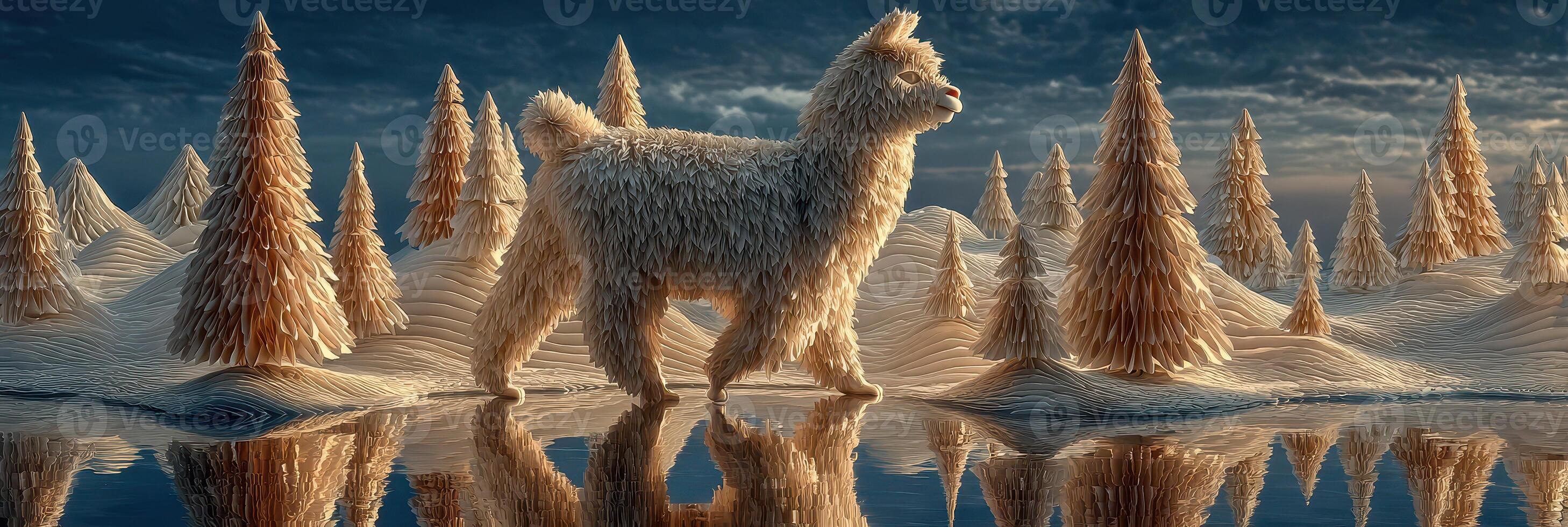 Fluffy dog walks through a shimmering winter landscape with snow-covered trees at dusk photo