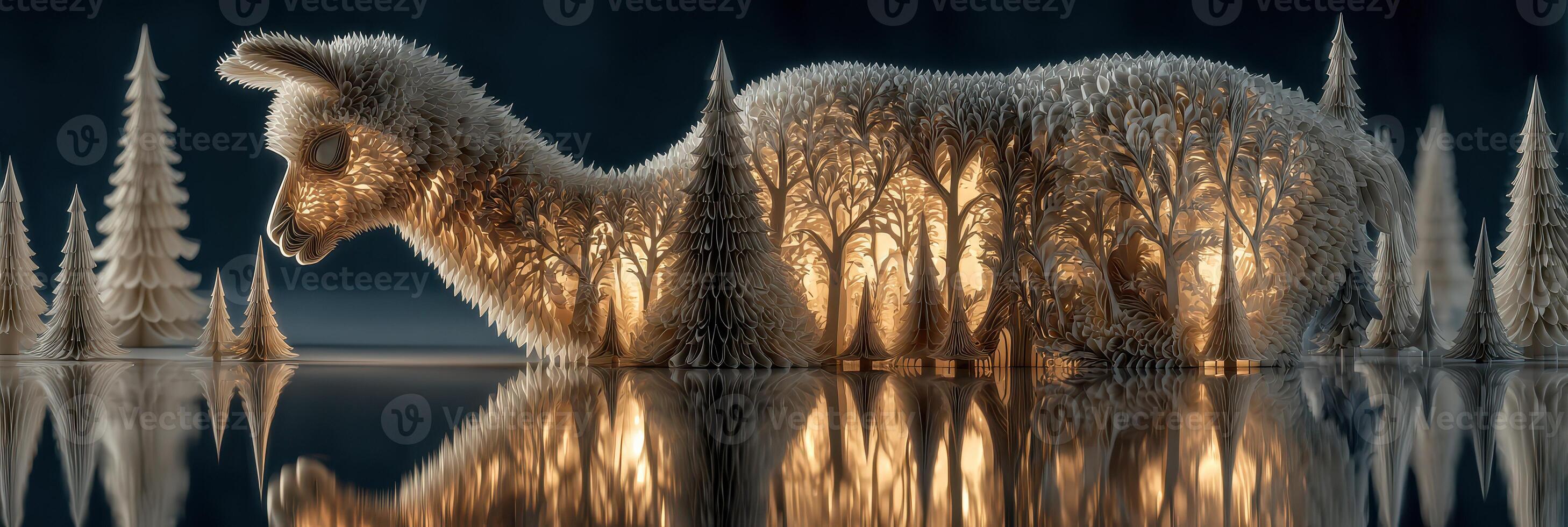 Mysterious illuminated landscape featuring a woodland creature alongside tranquil reflections on a calm lake photo