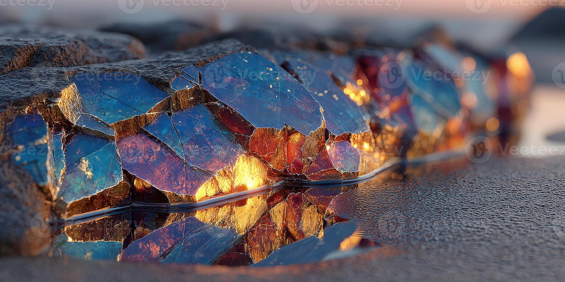 Colorful reflections of mineral fragments at sunset on a calm beach photo