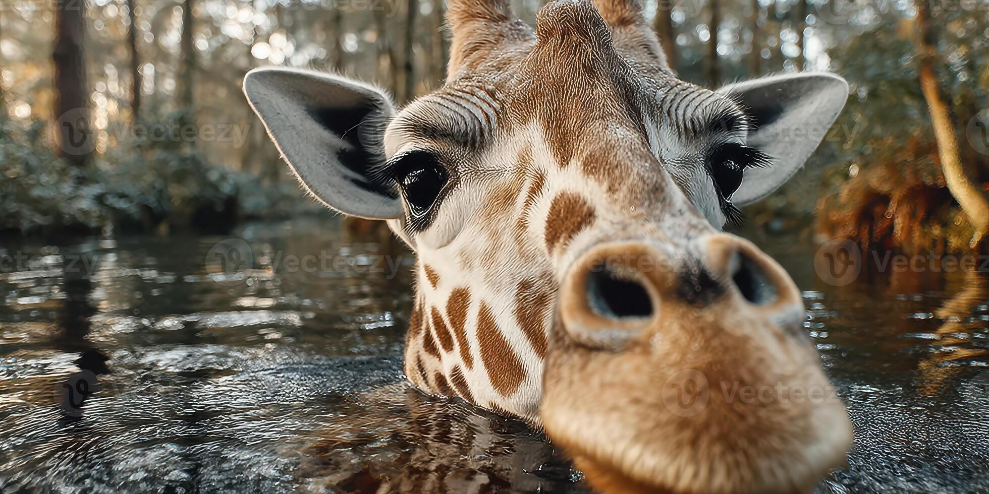 Giraffe drinks water in a forest setting during golden hour while surrounded by trees and reflections photo