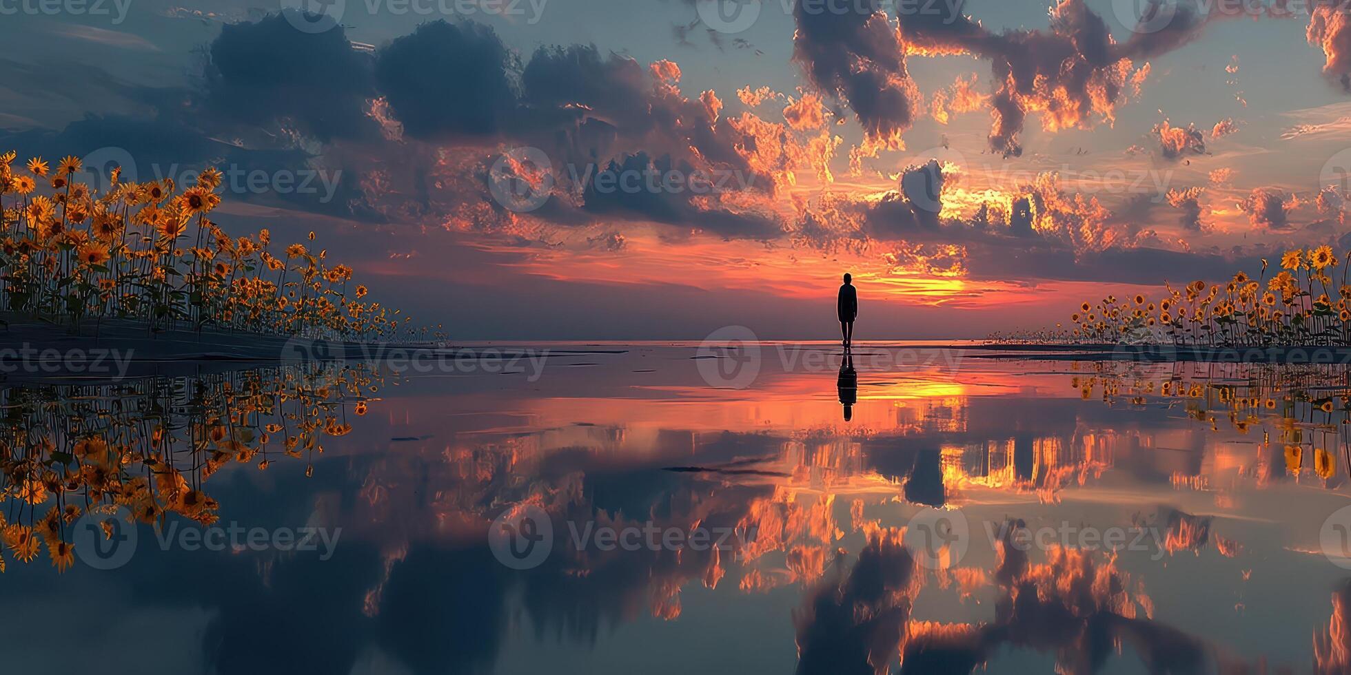 Bright sunset reflects over calm water while a person stands among sunflowers in the evening sky photo