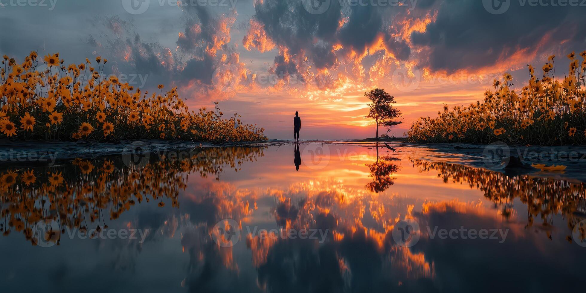 Sunset reflections over a serene landscape with a solitary figure by a vibrant flower field photo