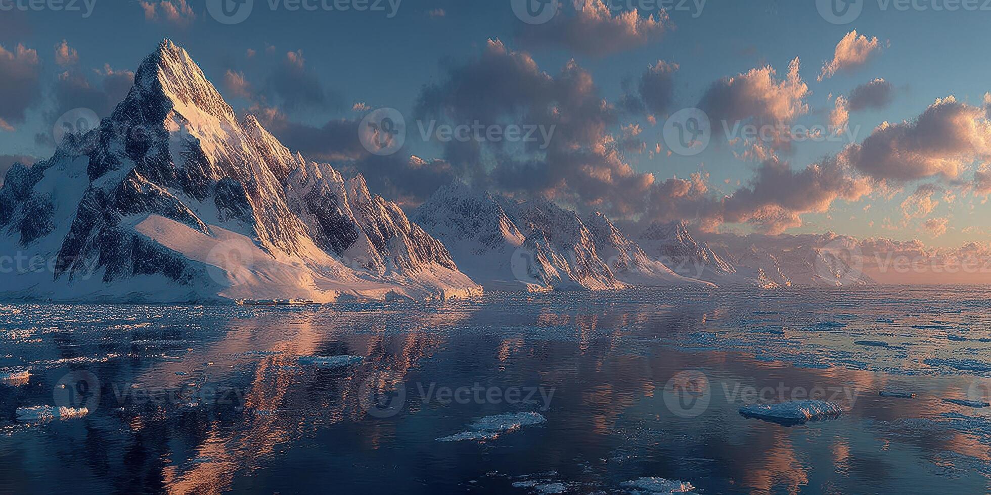 Stunning snowy mountain range reflects in calm arctic waters during golden hour near polar regions photo