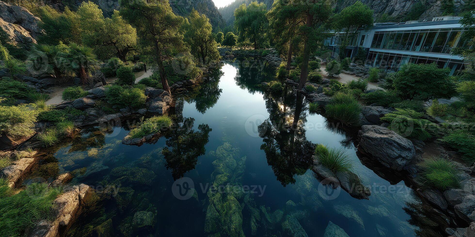 Tranquil pond reflects greenery and mountains in serene natural landscape at twilight photo