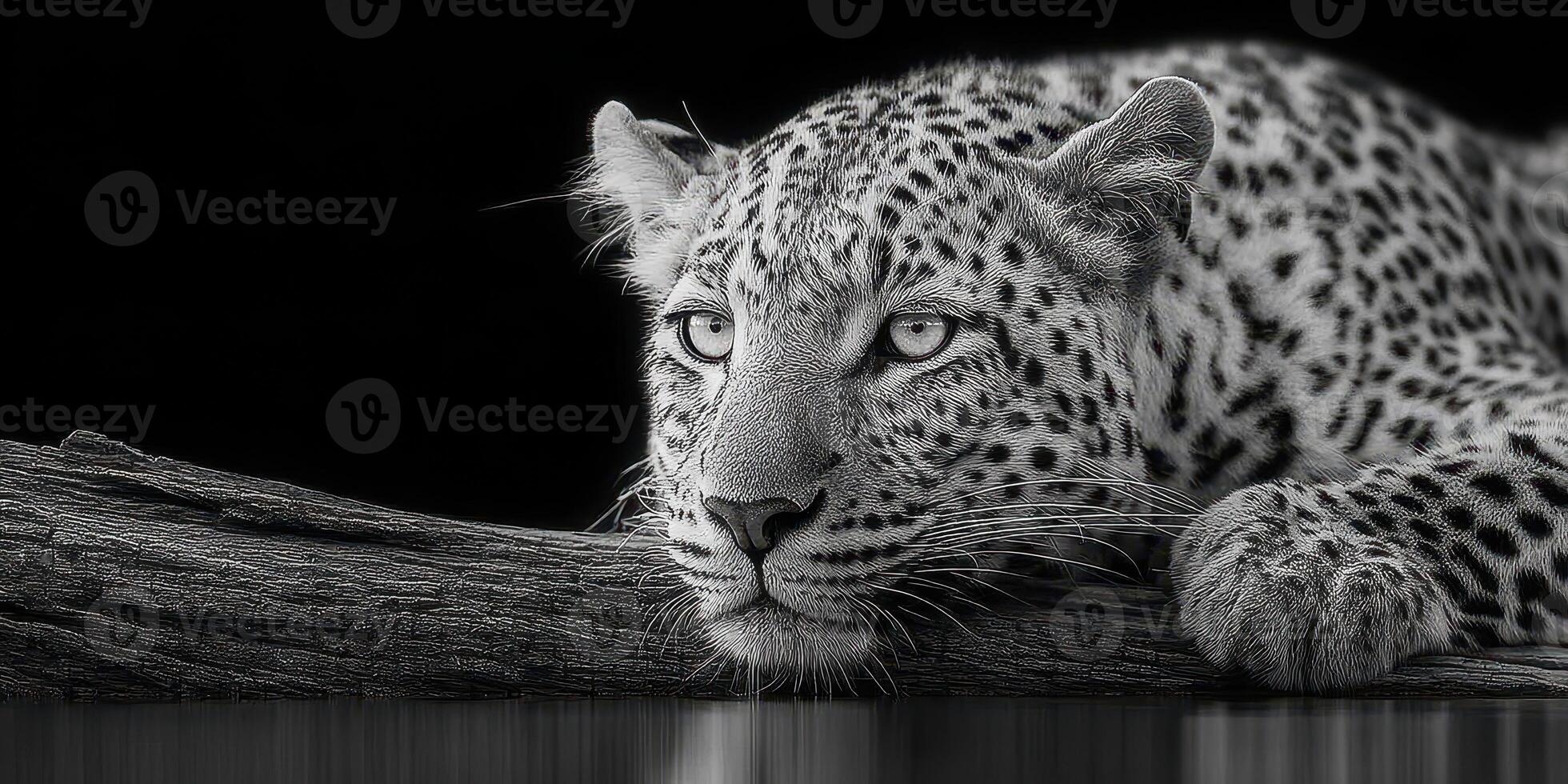 Magnificent leopard resting calmly on a log by the water during twilight in a serene forest environment photo