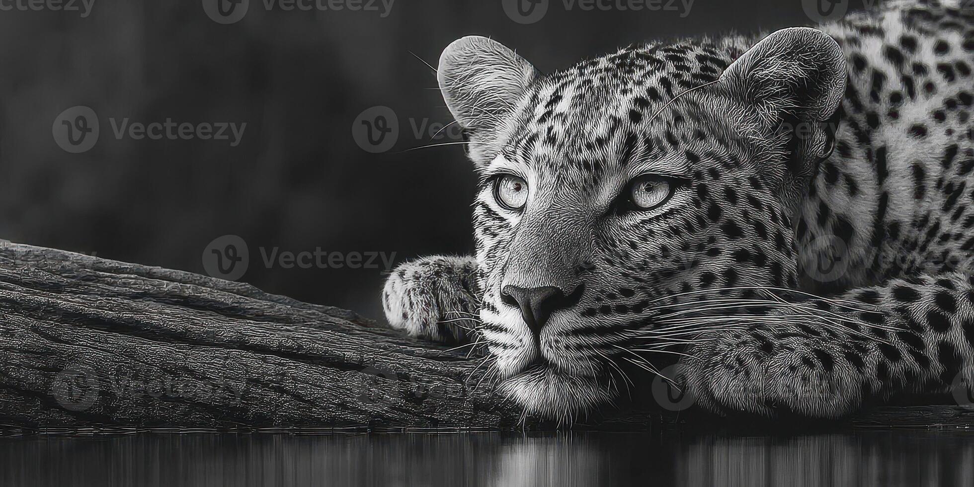 Leopard resting on a log beside calm water during the evening hours in a serene environment photo