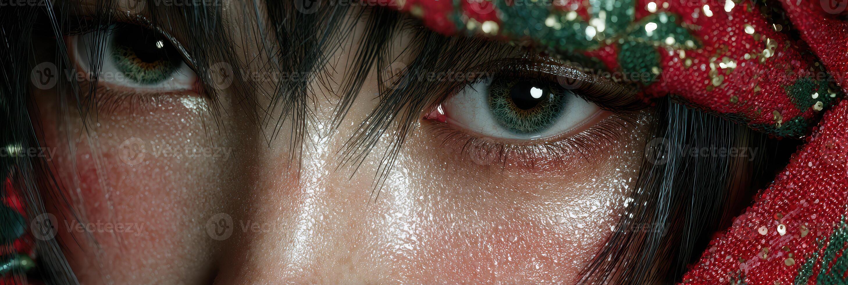 Close-up of a person wearing a decorative headscarf with exquisite detailing and captivating eyes photo