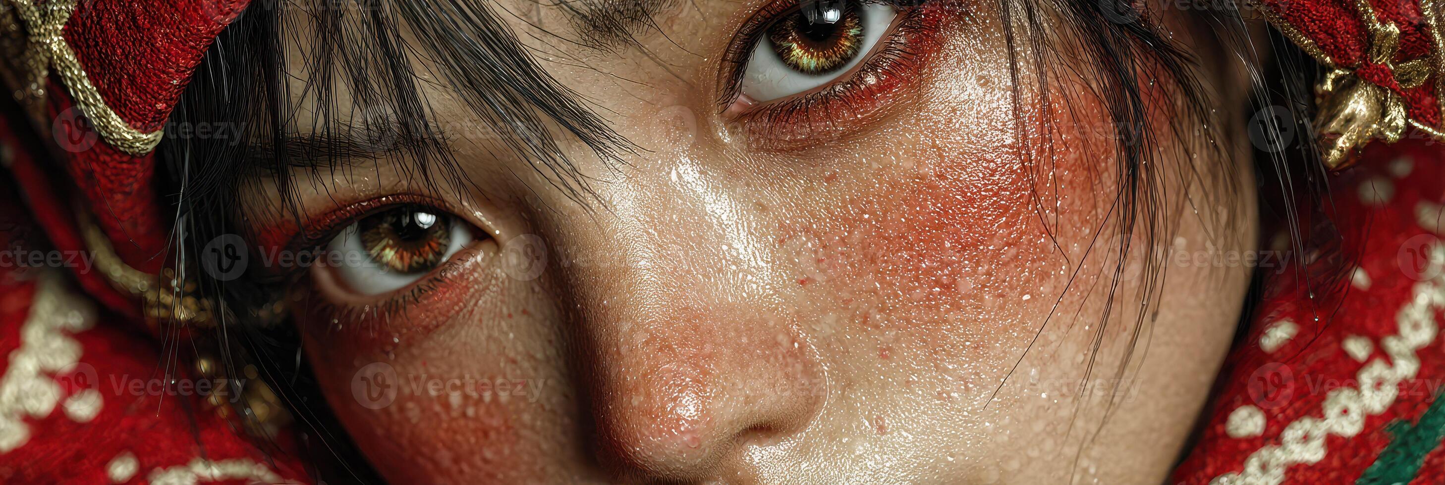 Close-up of an individual with striking eyes and intricate makeup adorned in vibrant cultural attire photo