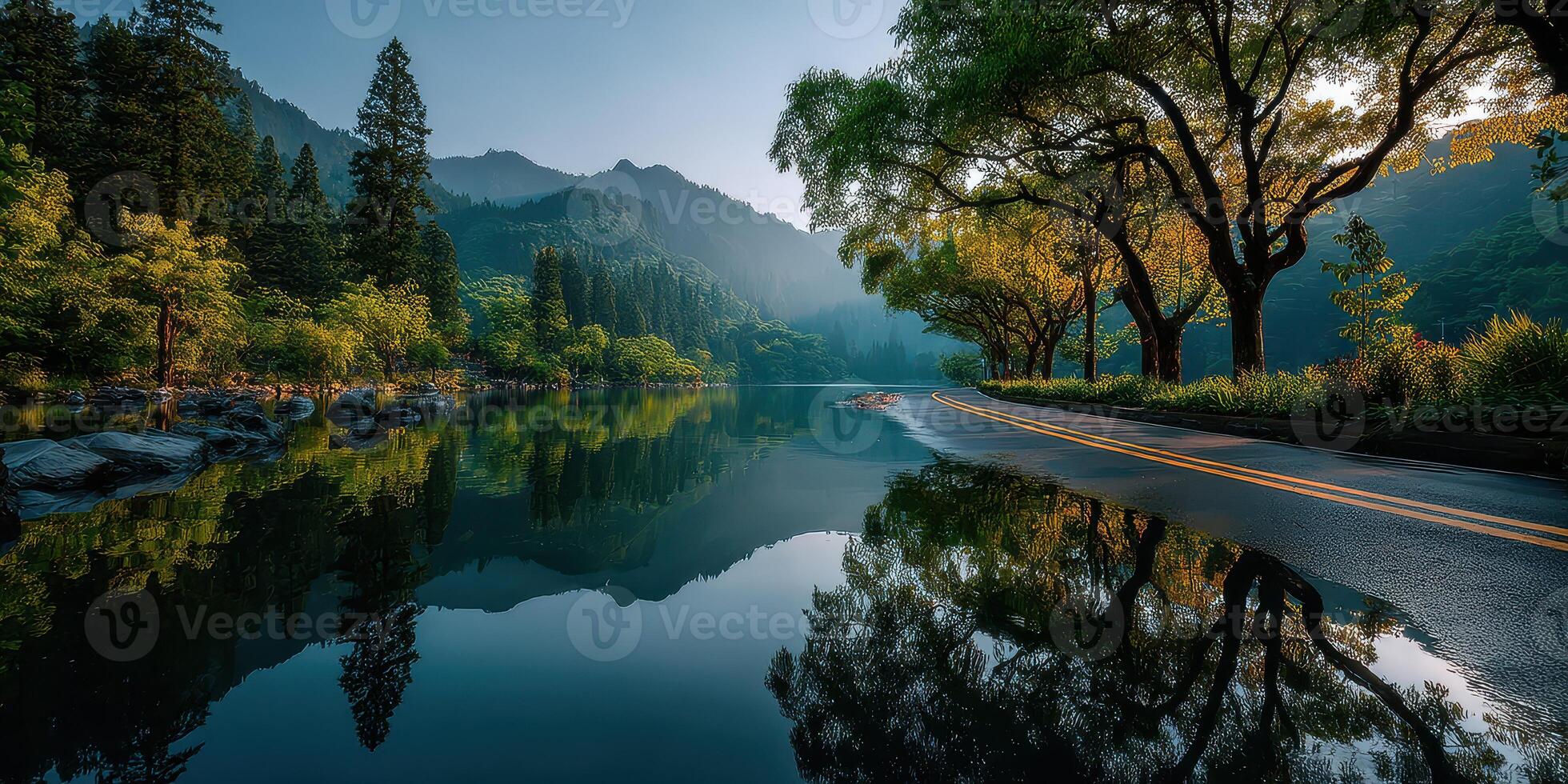 Tranquil lakeside road reflecting trees and mountains at dawn in a serene natural landscape photo