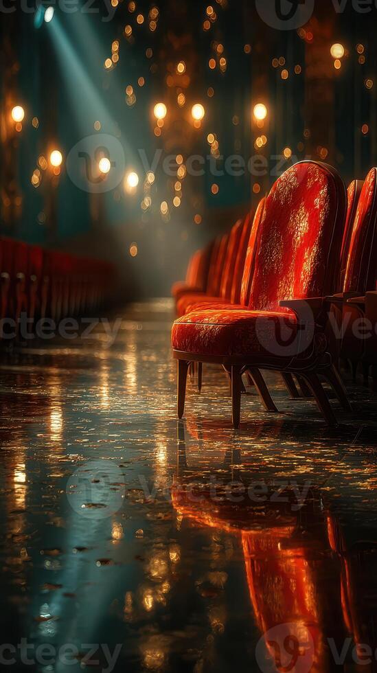 Elegant red chairs lined up in a dimly lit hall reflecting warm lights during a special event in the evening photo