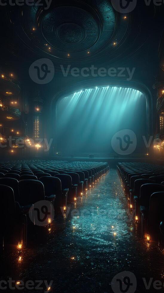 Illuminated theater with dramatic lighting and reflections on a wet floor creating a captivating atmosphere photo