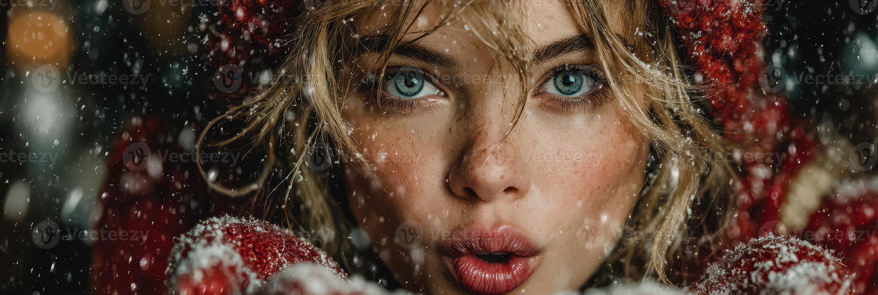 Young woman joyfully enjoying a snowy winter day while wearing a festive red outfit and a cozy hat photo