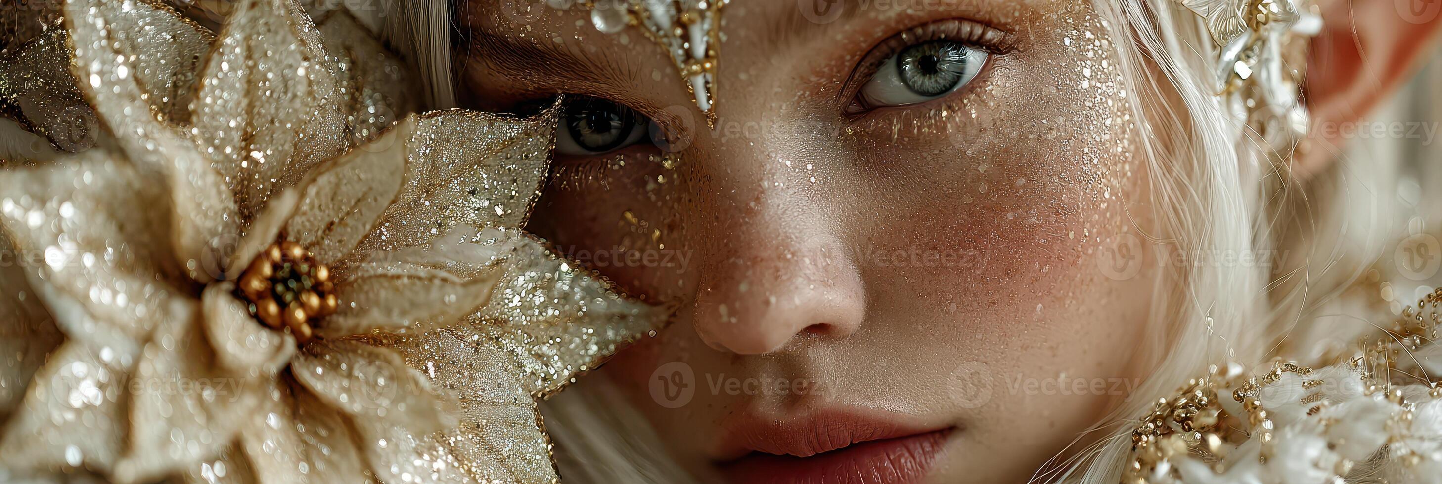 Enchanting close-up of a young model adorned in shimmering golden decorations and floral elements during a creative photoshoot photo