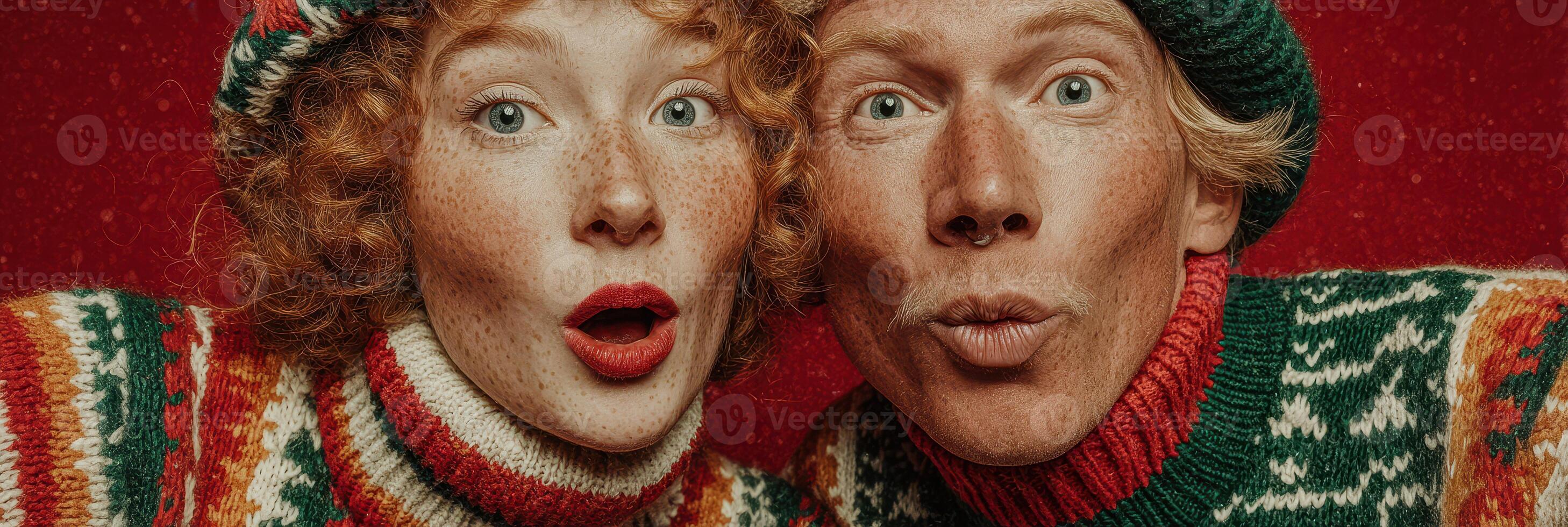 Couple dressed in festive sweaters celebrating the holiday season with playful expressions in a cozy setting photo