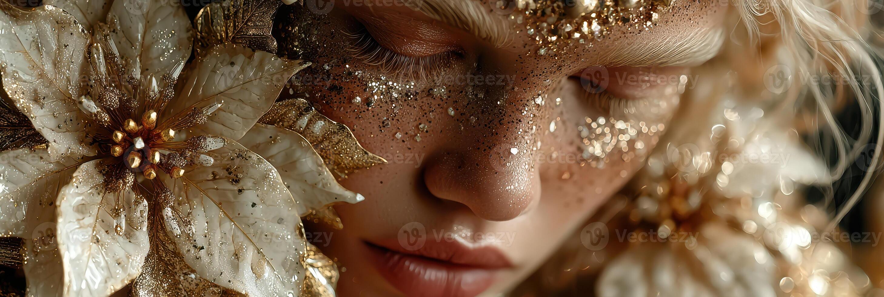 Beautiful young woman with floral design and gold glitter adorns her face and hair during a creative fashion event photo