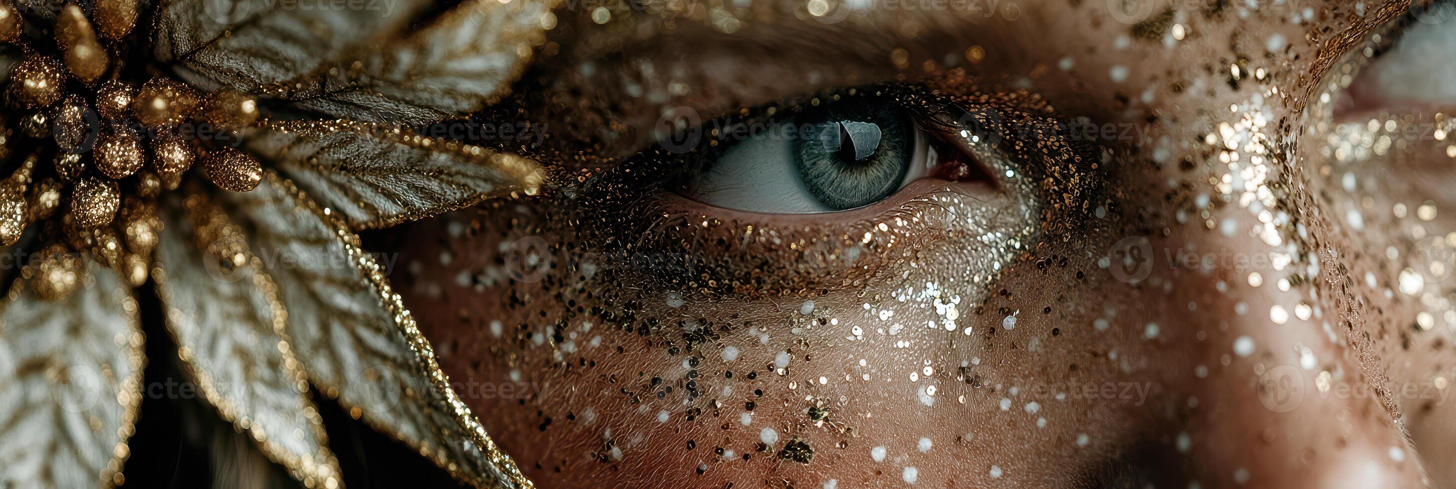 Close-up of a person with glitter makeup and decorative elements during a festive event at nighttime photo