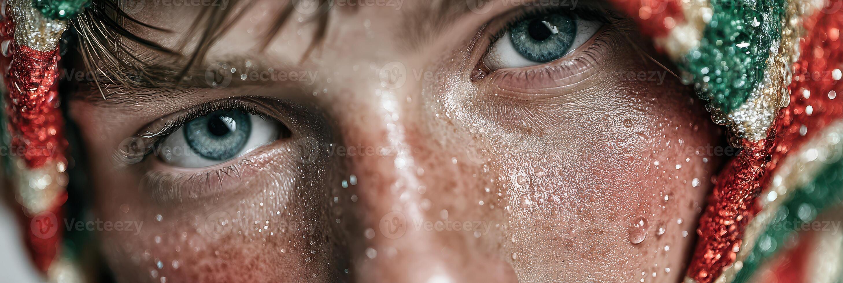 Portrait of a young person with striking blue eyes and detailed expressions, captured during a close-up session in a natural light setting photo