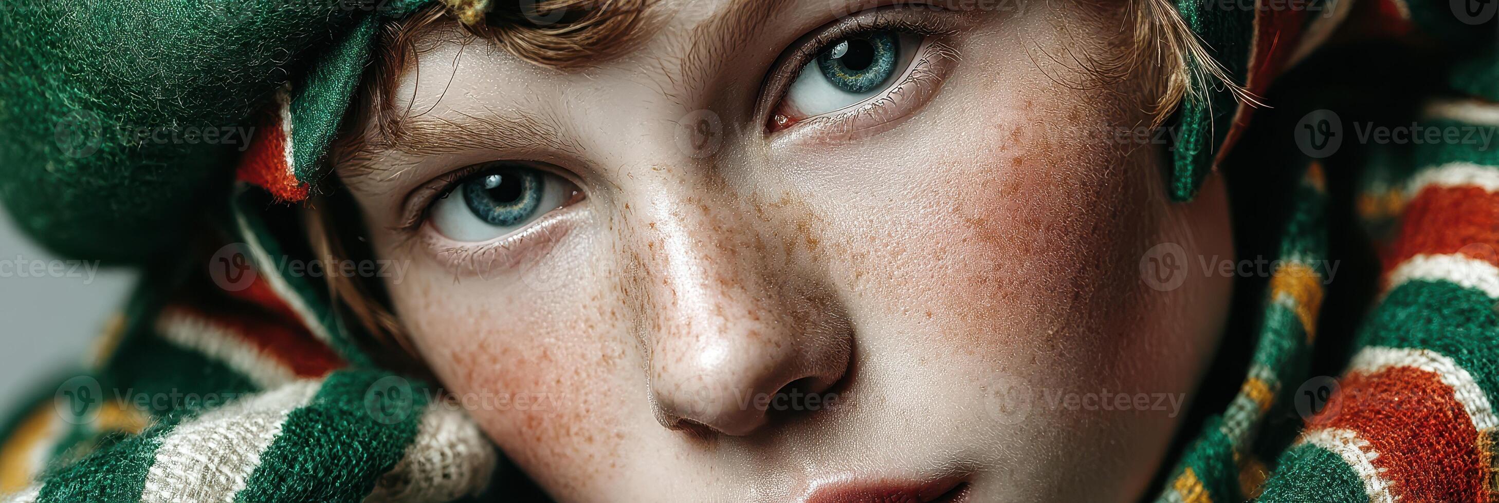 Young child with freckles and striking green eyes wearing festive holiday attire during winter celebration photo