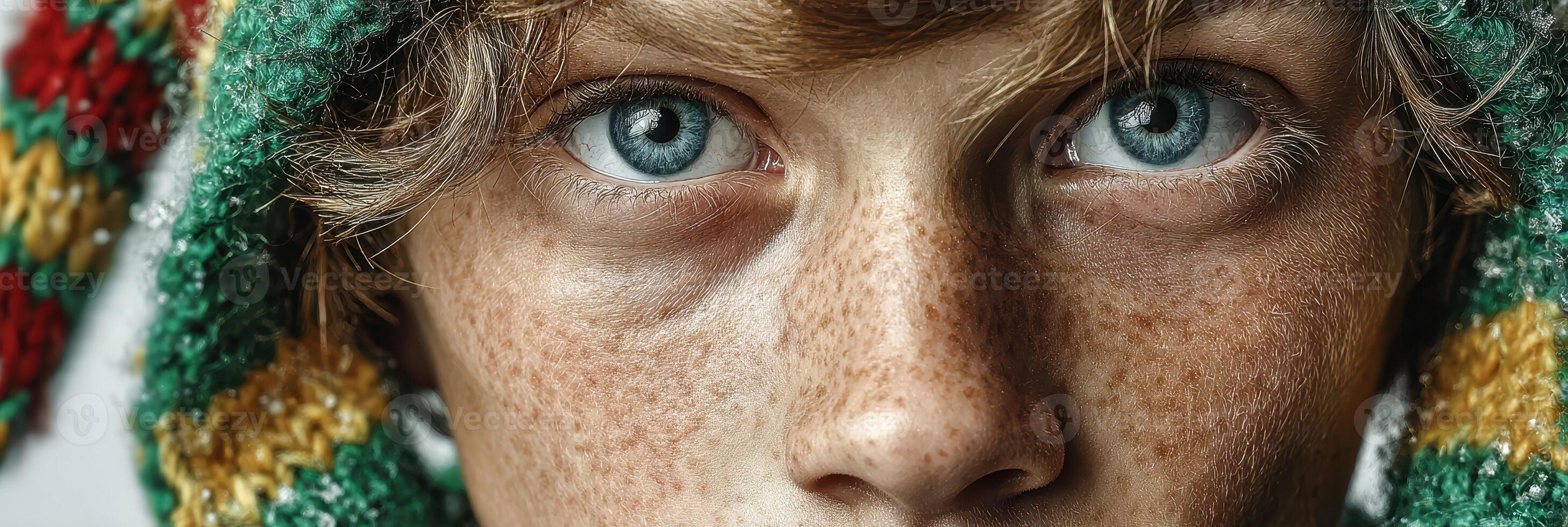 Close-up of a young person with blue eyes and freckles wearing a colorful knitted hat in winter photo