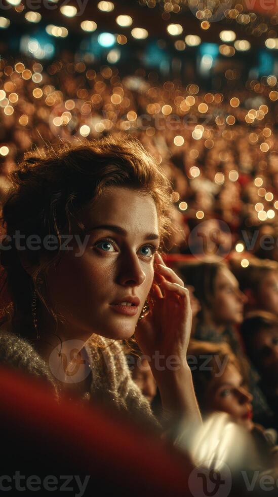 Woman gazes in awe during concert with a sea of lights surrounding enthusiastic crowd in an evening event photo